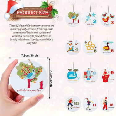 12 Pcs 12 Days of Christmas Ornaments Ceramic Rustic Christmas Tree Ornaments Vintage Christmas Tree Decorations Cute Xmas Decorative Hanging Ornaments for Party Supplies Wall Decor Gifts, 3 Inches